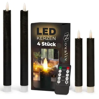 Sparset Stabkerzen LED mit Timer Klein+Groß SCHWARZ 4 Stück indoor - 6 Stunden - ECHTWACHS 18cm+23cm Höhe für Kerzen 2,2cm Durchmesser 2 AAA Batterien notwendig LED Stabkerzen flackernde Flamme