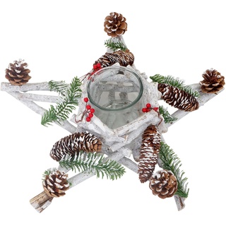 Adventskranz Stern, Weihnachtsdeko Tischdeko, Holz mit Kerzenglas 40x40x12cm weiß-grau