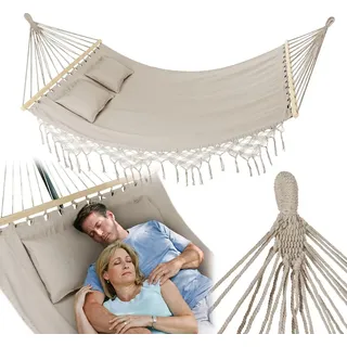 Outtec® Hängematte mit 2 Kissen - 200x150 cm, bis 220kg - Boho Hammock für Outdoor, Garten, Balkon - für Kinder und Erwachsene - Beige