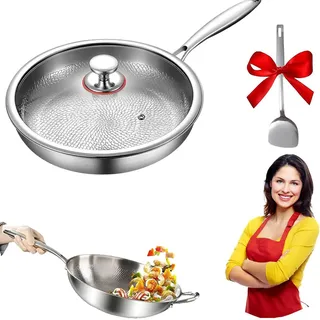 Dsongo Titan Pfanne, Multifunktional Antihaftbeschichtet Titanpfanne, Gehämmerte, Kratzfest, Premium Uncoated Titanium Bratpfanne Kompatibel mit allen Herdarten zum Kochen (Inklusive Deckel, 26CM)