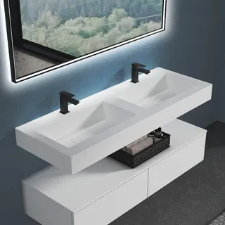 progettobagno Orta Doppel-Waschtisch 140 cm mit Hahnloch, Badkeramik, MB13HIT140V23ST, weiß