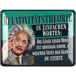 LANOLU Retro Blechschild - RELATIVITÄTSTHEORIE in einfachen Worten Poster aus Metall mit Zitat, Badezimmer WC Schild lustig, Sprüche Schild, vintage Metallschild 15x20cm