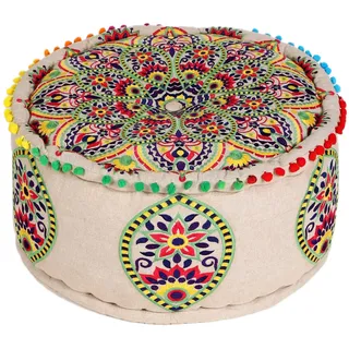 Marrakesch Pouf Sitzkissen rund 50 x 25 cm mit Füllung | Orientalischer Hocker Sitzhocker Hakika bunt aus Baumwolle Bestickt mit Mandala Motiv | Boho Sitzpouf als Wohnzimmer Schlafzimmer Deko