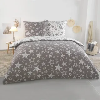BaSaTex 200x200 Microfaser Flausch Bettwäsche Sterne grau Weiss Taupe Fleece Thermofleece Übergröße 2tlg.Set