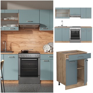 Vicco Küchenzeile R-Line Solid Eiche Blau Grau 200 cm modern Küchenschränke Küchenmöbel