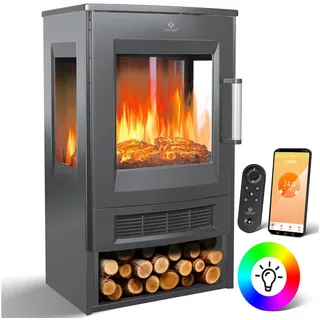 Kesser KESSER® Elektrokamin mit Heizung Panorama-Sichtfenster Heizlüfter 9 LED-Flammeneffekt Farbmodi Fernbedienung WiFi App 900/1800W Kaminfeuer elektrisch Elektro Kamin mit Thermostat Heizfunktion Timer