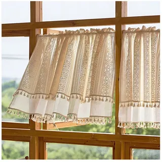 Qelus Schiebegardine Boho Bistrogardine Fenstergardinen Kurz Gardine Küche Quaste Landhaus, (1 St), Doppelschicht Halbtransparent für Küche Cafe Zimmer 132 cm x 45 cm