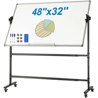 VEVOR Rollbares Whiteboard, 48 x 32 Zoll Doppelseitiges Magnetisches Mobiles Whiteboard, 360° Wendbare, Höhenverstellbare Trockenlöschtafel mit Rädern und Beweglicher Ablage