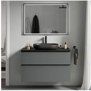 Bernstein Waschbeckenunterschrank LAVOA 100cm Anthrazit matt Unterschrank Aufsatzbecken Platte Schwarz matt Griff Anthrazit matt
