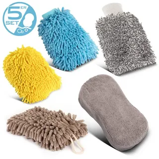 STAHLWERK Autowaschhandschuh 5er Set Reinigungshandschuh Mikrofaser Schwamm