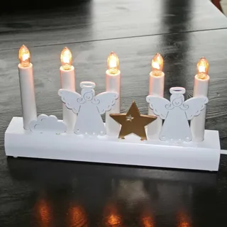 Design LED Holz-Leuchter Schwibbogen Lichterbogen "Engel + Stern" weiß Modern
