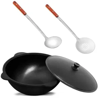 BIG-PAN Feuertopf Original Usbekischer Kasan 8 L Gusseisen Aluminium-Deckel Dutch Oven, Gusseisen (inkl. Schöpfkelle Schaumlöffel, Uzbekischer Kessel Namangan), asiatischer Topf für Plov Wok Eintöpfe schwarz