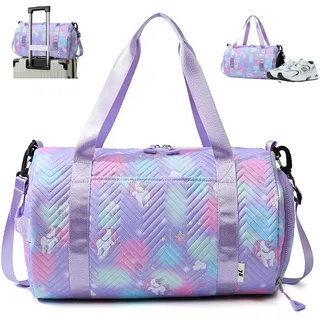 Sporttasche Mädchen, 25L Einhorn Yogatasche, Lila Reisetasche, Schwimmtasche, Wasserdicht Turnbeutel, Gym Bag, Sportrucksack, Trainingstasche mit Schuhfach & Nassfach