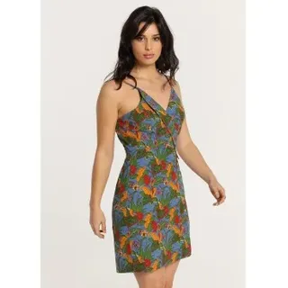 Lois Jeans für Damen. 447842467 Tropical Love lies mehrfarbig bedrucktes trägerloses kurzes Kleid (L), Lässig, Baumwolle, Ärmellos / Hosentr