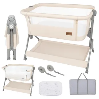 Twinly – Beistellbett Baby Comfortly mit Rollen | Klappbar & Höhenverstellbar (5 Stufen), Atmungsaktiv ab 0+ Monate bis 9 kg, inkl. Matratze, Laken & Tasche – Ohne Montage (Beige)