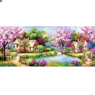 DCIDBEI Diamond Painting Erwachsene Landschaft 110x50 cm ( Inner 104x44 cm) 5D Diamant Painting Bilder Frühlingslandschaft Kreuzstich Perlen Bilder Kirschblüten Diamond Painting Ländliche Landschaft