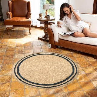 ENGLISH HOME Jute Teppich Rund, Boho Deko und Ethno Vintage Look Teppich für Wohnzimmer, Schlafzimmer, Outdoor Runder Teppiche im Flur, Esszimmer, Dekorativer Runder Juteteppich, 120cm, Natur Blau