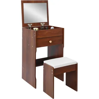 HongKKon 3 in 1 Schminktisch mit Hocker, Frisiertisch mit Klappspiegel und Schubladen, Langlebig, Schminktisch Schmal, Beistelltisch Kompakte Schminkkommode Set für kleine Räume (Walnussbraun)