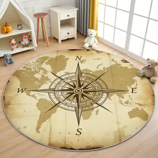 AevuCub Retro Kompass Teppich Rund 90 cm Kurzflor - Waschbare Teppiche Wohnzimmer Ozean Maritim Weltkarte - Runder Teppich 90 Durchmesser Kinderzimmer - Bettvorleger rutschfest Weich