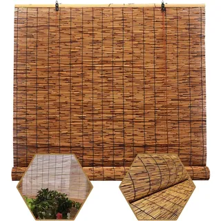MMleYN Anpassbar Bambus Rollo, Aussen Schilf Vorhang, Garten Bambusrollo 45-165 cm Breit, Wetterfest Sichtschutz Rollo, Natürliche Reed Rollos Mit Lifter Anti-UV, Carbonization Vorhänge