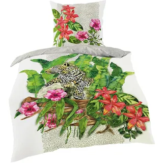 JACK by Bierbaum Mako Satin Bettwäsche 135x200cm 2 TLG. Leopard Blumen Dschungel Digitaldruck