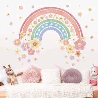 wondever Wandtattoo Regenbogen Groß Wandsticker Boho Bunte Blumen Mädchen | Abziehen und Aufkleben, Abziehbar, Wandaufkleber Selbstklebend für Kinderzimmer Mädchen Babyzimmer Mädchenzimmer Wanddeko