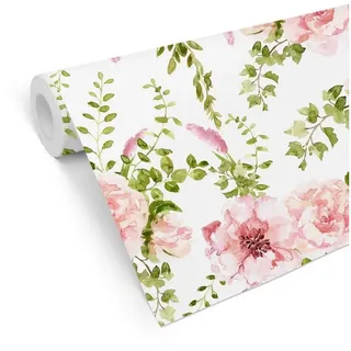 K&L Wall Art Mustertapete Vintage Blumentapete Rosa Blüten Vliestapete Frühling Botanik, Frühlingsblüten Tapete weiß 0.48 m x 5.28 m