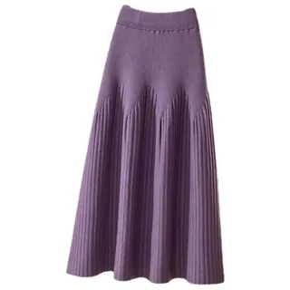 JJDSL Dehnbarer Strickrock - Einfarbig Big Swing Gestrickter Maxi Faltenrock, Elegante Knöchellange Röcke Frauen, Herbst Winter Frauen Flauschiger Rock Geeignet Für Den Alltag, Lila, Länge, 73Cm