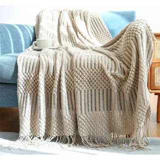 Hayisugal Tagesdecke Wohndecke Boho Decke weich Gestrickte Decke Wendedecke Kuscheldeck Sofadecke Couchdecke überwurf Decke, Khaki, 150 x 240cm