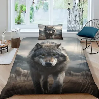 GEEYOU Wolf Pack Microfaser Bettbezug Luxuriös Baumwolle Wolf King Bedding Set Mit Reißverschluss, Steppdeckenbezug Weichs Bettwäsche Set Für Erwachsene Und Kinder Single(135x200cm)