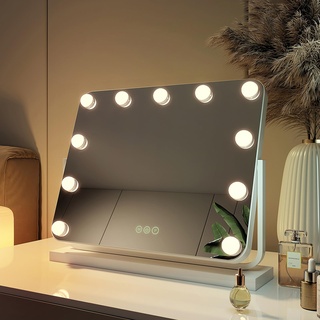 EMKE Hollywood Schminktisch Spiegel mit Beleuchtung, 3 Lichtfarben dimmbar, 360 Grad Spiegel, Schminkspiegel mit Beleuchtung mit Touch, Hollywood Spiegel mit 11 LED Lampen 50x42cm (Weiß)