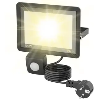 Suusolny 100W LED Strahler mit Bewegungsmelder Außenstrahler Warmweiß IP66 Wasserdicht Fluter Superhell Außenleuchte Scheinwerfer Außenbeleuchtung mit 1.5m Stecker für Garten Garage Haus Innenhöfe