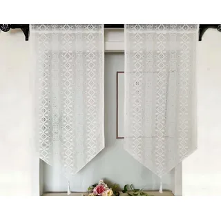 Jeeman Romantische Spitzen Kurzgardinen Halbtransparente Fransen Scheibengardine mit Blumenmustern Gardinen im Vintage Landhausstil für Küche Bistro Wohnzimmer und Balkon Weiß HxB 90x45cm 2 Stück