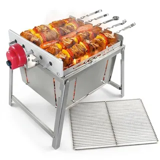 BEM Rambo ToGo: Grill SET - kleiner Schaschlikgrill, Edelstahl Mangal mit Motor, zusammenklappbarer Campinggrill, inkl. Powerbank & Spieße
