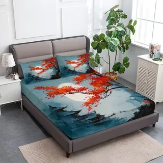 Chinesischer Stil Landschaft Blumen Bedruckte Spannbettlaken 180 x 200 cm, Weiche Atmungsaktivem Mit 30 cm tiefer Tasche Spannbettlaken Blaugrau für Einzelbett Doppelbett Boxspringbett