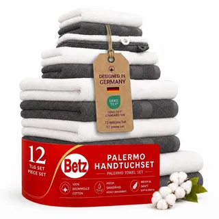 Betz 12-TLG. Handtuch-Set Palermo 100% Baumwolle 2 Liegetücher 4 Handtücher 2 Gästetücher 2 Seiftücher 2 Waschhandschuhe Farbe anthrazit und weiß
