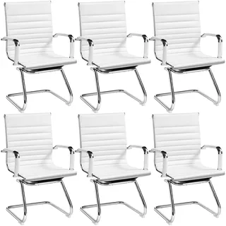 Yaheetech chairus Freischwinger Stühle 6er Set Konferenzstuhl Weiß | Besucherstuhl Ergonomischer mit Armlehnen, Moderner Schwingstuhl mit Chromgestell, Bürostühle Konferenz-Raum/Wartezimmer/Büro
