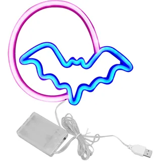 Led-neonmond Und Fledermaus – Pvc-wanddeko 25 X 21,5 Cm, Rot-blaues Licht, Usb- Oder Batteriebetrieben, Für Schlafzimmer Oder Bar