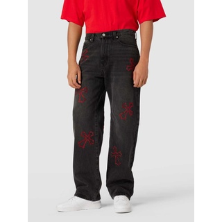 Baggy Jeans mit CRUCIFIX BLING Strasssteinen in Rot, Black, 34