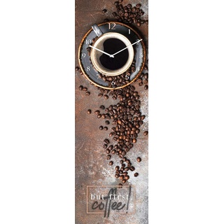 Wanduhr First Coffee - lautlose Uhr aus Glas Made in EU - Glasuhr inklusive Wandaufhängung - Wanduhr ohne Tickgeräusche mit Metallzeiger - Kaffee Küchenuhr rechteckig Küche lautlos - 20 x 60 cm