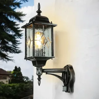 Licht-Erlebnisse Rustikale Außenleuchte mit Bewegungsmelder Schwarz Silber Glas Metall Vintage Hoflampe Haus Wand