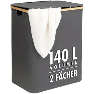 Tasir Wäschekorb | 140 Liter | 2 Fächer | mit Deckel und Bambus-Rahmen | Wäschesammler mit 2x Wäschesack zum herausnehmen | grau-anthrazit | ca. 57x37,5x67 cm | faltbar