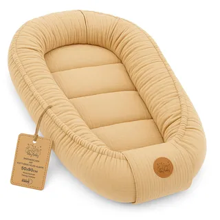 Totsy Baby Babynestchen aus Musselin - weiches Nest für Neugeborene atmungsaktiv tragbar 50x90 cm - gemütlicher Kokon für Babybett Kinderbett Stubenwagen Reise und unterwegs Beige