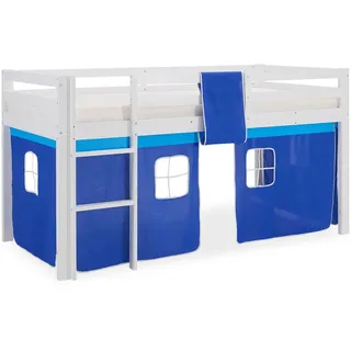 Homestyle4u Hochbett Pirat 90 x 200 cm Kiefer massiv lackiert weiß blau