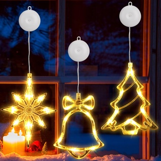 BrizLabs Fenster Weihnachtsbeleuchtung, 3 Stück Innen Fensterlichter Weihnachtsbaum Glocke Nordstern Batteriebetriebene 8 Modi Hängend Saugnäpfe für Weihnachten Außen Garten Balkon Party, Warmweiß