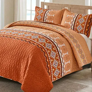 WONGS BEDDING Boho-Bettwäsche-Set, Queen-Size-Größe, 3-teilig, gebranntes Orange, Tagesdecke, leicht, geometrisch Bedruckt, weiches Bohemian-Bettwäsche-Set für Queen-Size-Bett, 228x248 cm