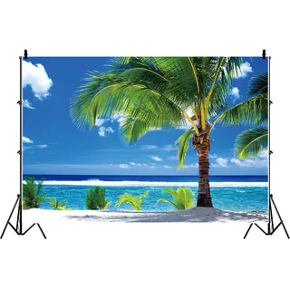 Bovlleetd Tropischer Strand Hintergrund 2.2x1.5m Blauer Meereshimmel Landschaft Sommer Palmen Insel Ozean Fotografie Hintergrund Vinyl Party Dekor Banner Wallpaper Fotoshooting Studio Requisiten