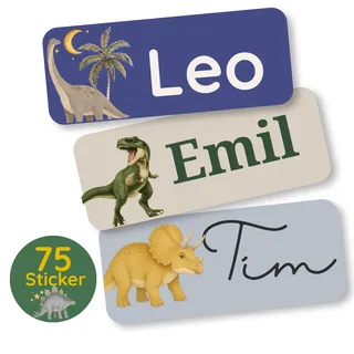 Petite Print® Namensaufkleber Kinder für Kleidung & Gegenstände (75 Stück) – Schule & Kita – personalisierte Namensschilder für Kleidung, waschmaschinenfest & wasserfest (Dino Trex)