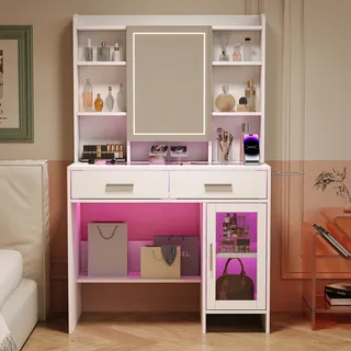 Jookgbd- Schminktisch 87x40x145 Cm, Toilettisch Mit Spiegel Und Gehärteter Glasplatte, Led-beleuchtung Mit Fernbedienung, Integrierte Usb-anschlüsse, Für Schlafzimmer, Mdf, Glas,weiß