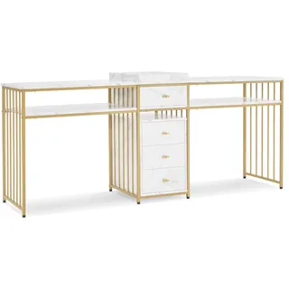 M MCombo Doppelnageltisch mit Schubladen, Schreibtisch mit Regal, Manikürtisch, Schminktisch ohne Spiegel Wohnzimmer Modern, Marmor-Weiß Gold, 50 x 200 x 86cm, 2413